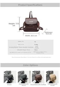 Size chart showing dimensions for the PU leather backpack with houndstooth patterns