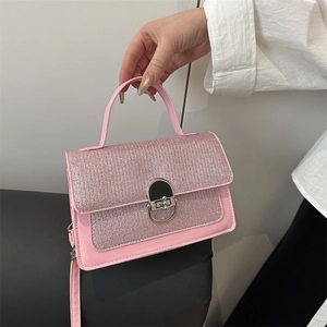 Women Small Square Crossbody Bag Glitter PU Leather Handbag With Metal Lock And Top Handle Retro Fashion