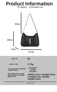 Detailed size specifications of black PU shoulder bag with dimensions and gold chain strap
