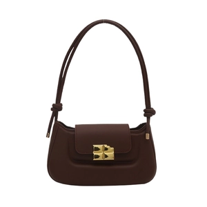 Classic dark brown baguette shoulder bag with matte leather and golden square metal clasp