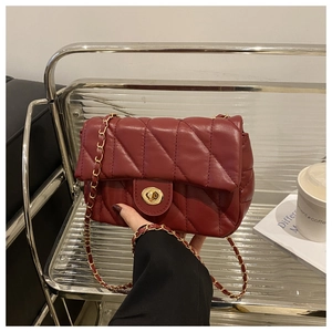 Detail of burgundy quilted crossbody bag with golden twist lock and chain strap