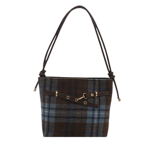 Retro plaid bucket bag with brown Morandi blue check pattern and golden metal rivets