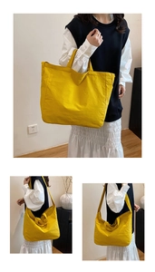 Detailed views of a yellow canvas tote bag showing handheld, shoulder and crossbody styles