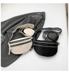 Litchi pattern leather waist bag set in black and beige with jacquard straps