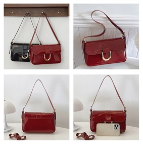 Detailed comparison of burgundy patent leather bag showing size with phone and different views