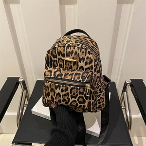 Fashion leopard print mini backpack with golden zippers and multi-layer storage compartments