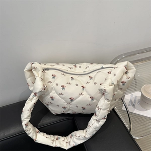Quilted Padded Floral Underarm Bag For Women Nylon Crossbody Shoulder Bag With Letter Print Casual Hobo Bag