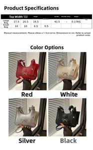 Detailed size chart and color options for French patent leather bow shoulder bag