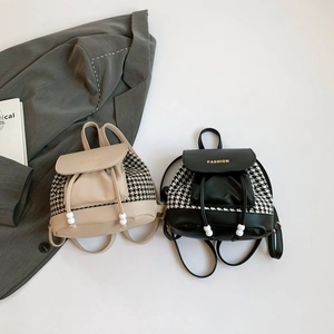 Classic houndstooth and leather mini backpack set with elegant gold fashion logo