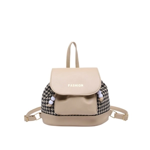 Houndstooth pattern backpack with cream PU leather and beaded drawstring detail