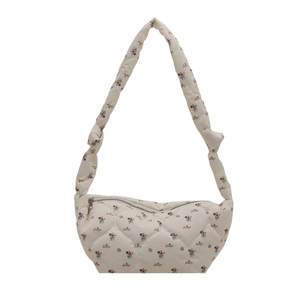 Quilted heart pattern nylon crossbody bag with floral print and knot strap