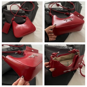 Detail views of red glossy crescent bag showing metallic bow and inner compartment