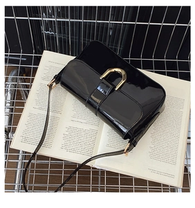 Macro view of glossy black shoulder bag with gold horse-bit buckle inside metal cart