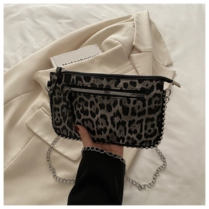 Detail of leopard print crossbody bag with silver studs and metal chain strap