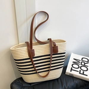 Sac Fourre-tout Tissé En Paille À Rayures Grande Capacité Été Plage Sac À Main Bandoulière Sangles En Cuir PU Décontracté Femmes
