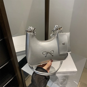 Women PU Leather Hobo Underarm Bag With Metal Bow Decor And Knot Strap Plus Hanging Mini Pouch Chic Versatile
