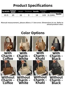 Size guide for a vintage bucket tote bag showing dimensions and leather strap measurements