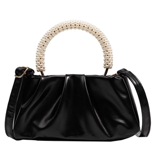 Elegante borsa a nuvola nera con manico tondo in perle e tracolla regolabile per donna