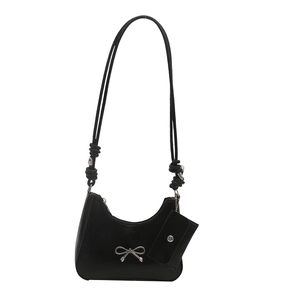 Chic black PU leather hobo bag with silver metal bow and matching mini coin purse