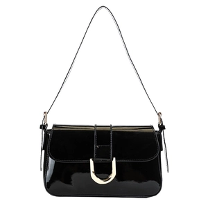 Retro black patent leather shoulder bag with a stylish gold horseshoe buckle design