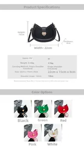 Size chart showing PU leather saddle bag dimensions 22x15x8cm and multiple color options