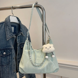 Light green pleated shoulder bag with silver chain and cute plush cloud pendant charm