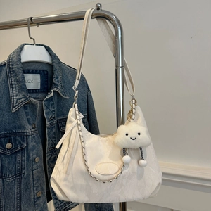 Minimalist white crescent shoulder bag with cloud charm and silver chain strap