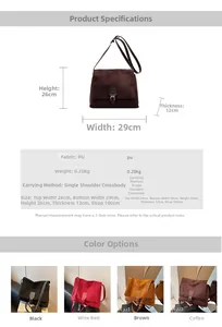 Detailed dimension chart and color options for the vintage PU leather crossbody square bag