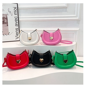 Five chic half-moon crossbody bags in diverse colors with gold heart-shaped metal buckles