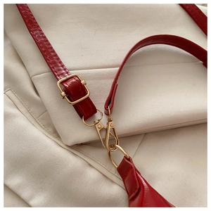 Close-up of red textured leather bag showing adjustable shoulder strap and gold hardware