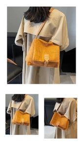 Detail view of mustard suede crossbody bag showing metal buckle and side profile for women
