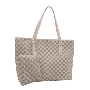 Large beige tote bag with M-letter print and matching small pouch hanging on handle