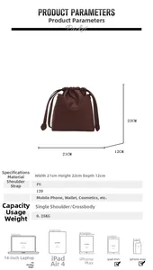 Detailed view of dark brown PU leather bucket bag with exact dimensions and capacity specs