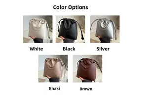 Detail view of leather bucket bags in five colors with quilted stitching and drawstring