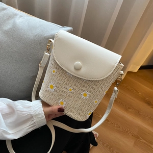 Borsa A Tracolla In Paglia Per Donna Ricamo Margherita Piccola Borsa A Secchiello Spalla Estate Spiaggia Patta In Pelle PU