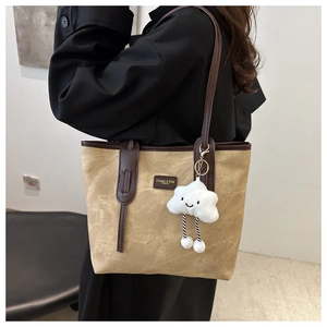 Vintage large capacity khaki tote bag with brown leather straps and cloud charm
