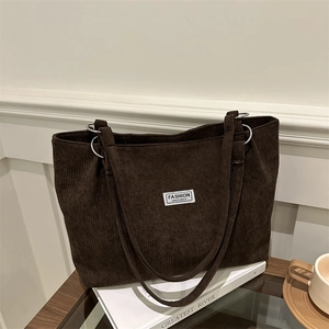 Brown corduroy tote bag for women with fashion instinct patch for casual daily use