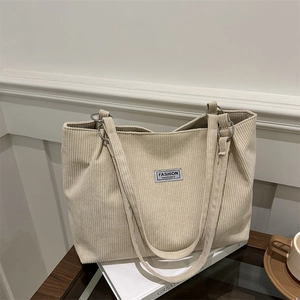 Women Corduroy Tote Bag Large Capacity Striped Shoulder Bag With Metal Ring Letter Label For Daily Shopping Commuting Travel