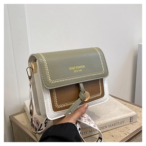 Detail of sage green and brown crossbody bag with gold logo and patterned wide strap