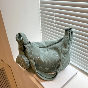 Bean green corduroy hobo shoulder bag with embroidery and mini round coin purse