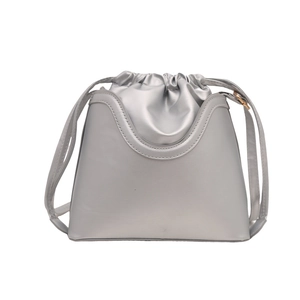Silver metallic bucket bag in soft PU leather with drawstring inner and thin shoulder strap