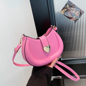 Women Minimalist PU Leather Half Moon Shoulder Bag Heart Shaped Metal Buckle Casual Underarm Crossbody Purse Purse