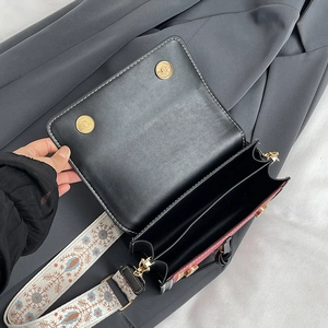 Chic color-block square crossbody bag with ethnic style embroidery wide strap