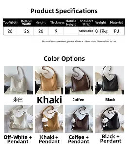 Detailed size chart for large PU tote bag with adjustable strap and color options