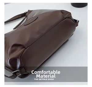 Detail showing high-quality brown PU leather texture and solid stitching on the tote bag
