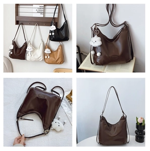 Detail of multi-functional PU leather hobo bag in four colors with cute cloud charm