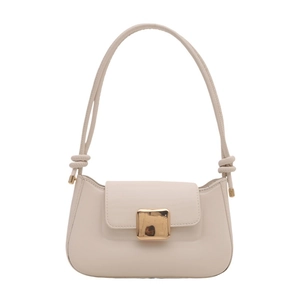 Chic beige cream shoulder bag with large gold square buckle and knotted strap accents