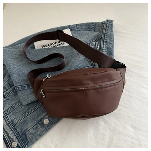 Detailed close-up of dark brown PU leather crossbody bag with silver zipper and nylon strap