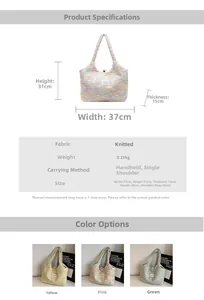 Dettagli della borsa tote in maglia con dimensioni 37x31x15cm e opzioni colori vivaci
