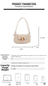 Tableau des tailles détaillé montrant dimensions et capacité pour ce sac baguette chic en PU